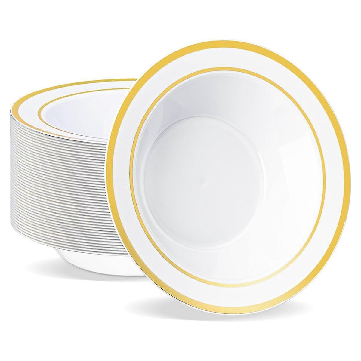 50 PCS Plastic Bowls with Gold Rim,7.5inch 12 Oz Disposable Soup Bowls,Heavy-Duty Dessert Salad Bowl for Party, Wedding