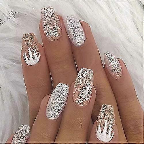 Short False Nails Snowflake Sequin Press Nails Acrylic Nail Sticks Pack of 24