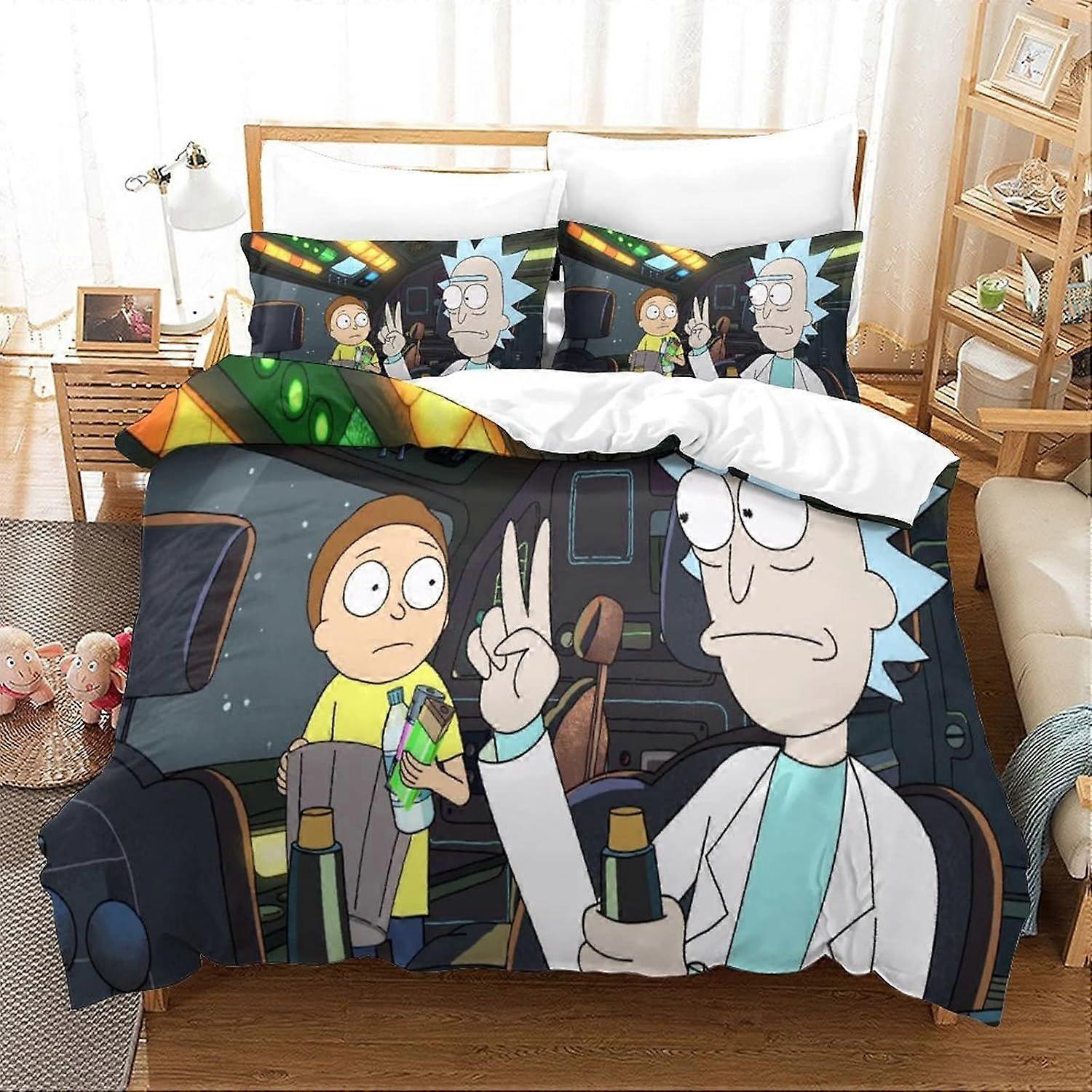 Single Duvet Cover Set Rick And Morty Quilt Cover Single Size Bedding Set Super Soft Microfiber Duvet Covers with Zipper with Pillowcases Hypoallergen