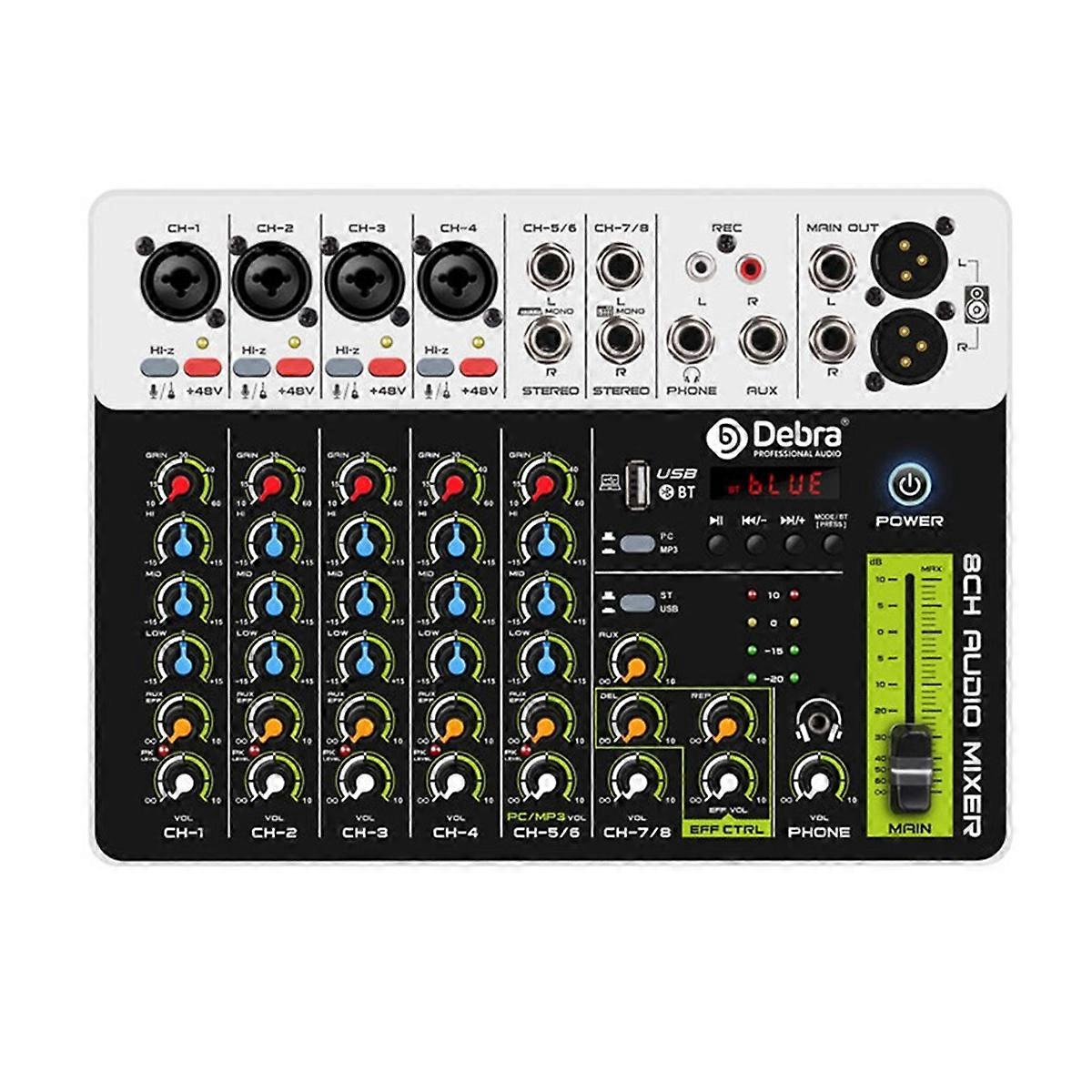 V8 Audio Mixer Small Mixing Console with Bluetooth USB 48V Phantom Power Delay Repaeat for DJ EU Plug