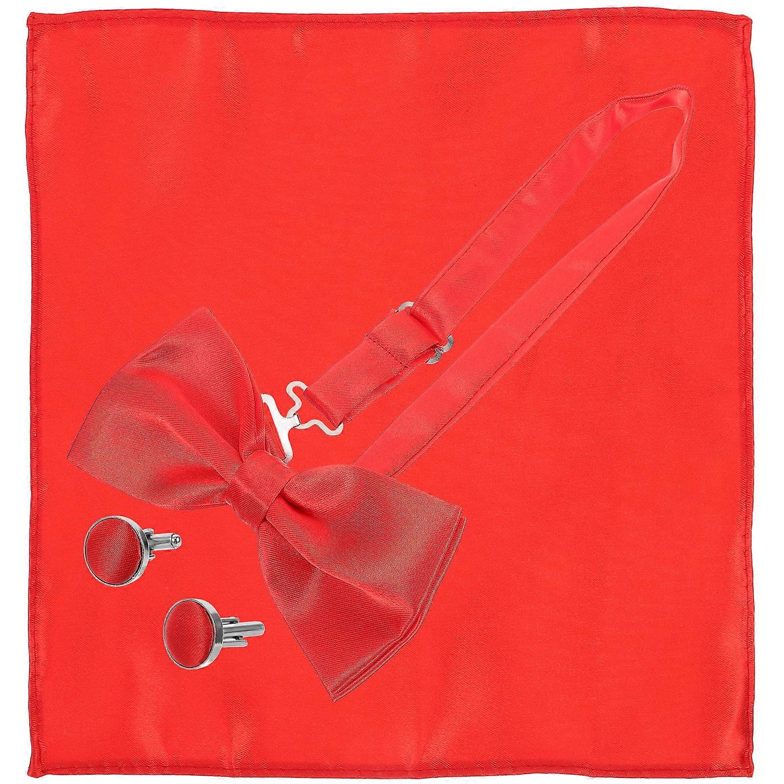 Red Satin Bow Tie and Handkerchief with Cufflinks for Groom 3Sets