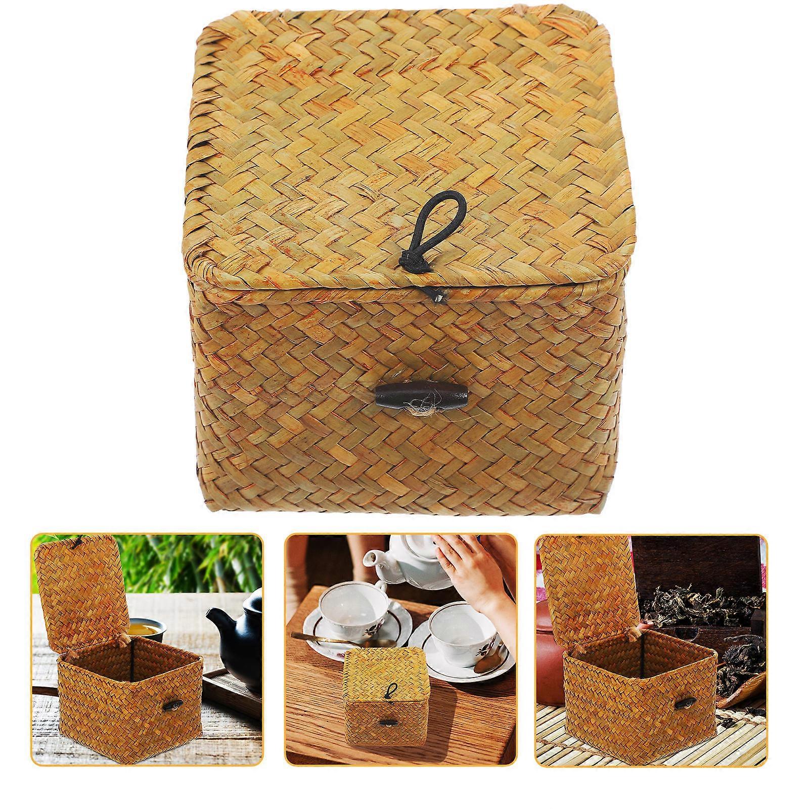 Square Straw Box Tea Storage Holder for Storage Use 3Pcs Orange