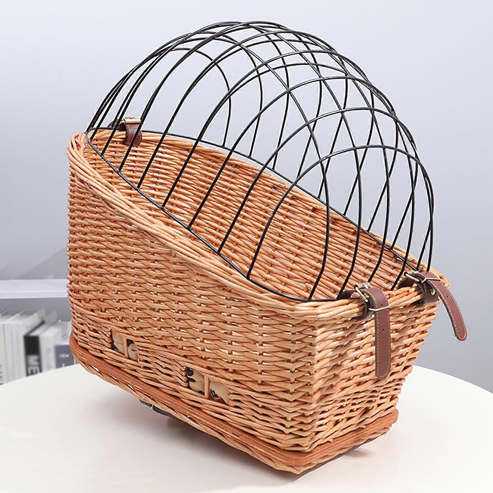 Wicker Dog Bike Basket Rattan Pet Carrier With Protective Grille Soft Cotton Cushion For Rear Bicycle Rack