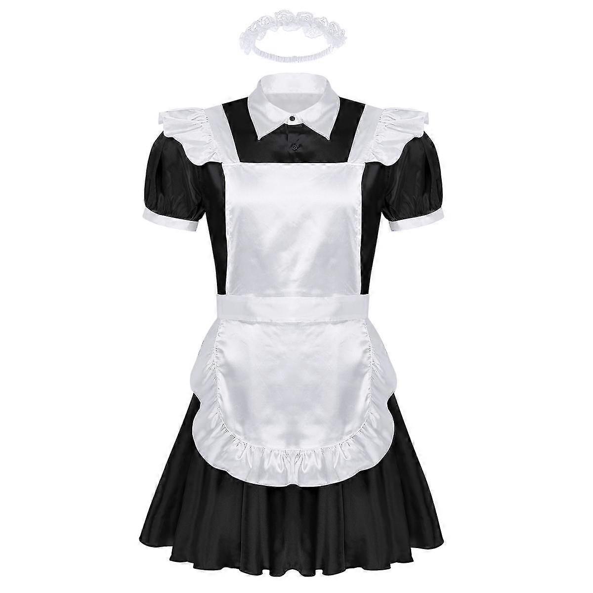 男性シシーメイドコスプレコスチューム衣装ドレスエプロンとヘッドバンド付き
