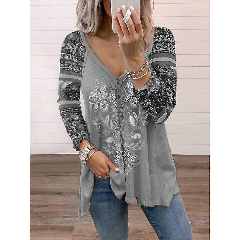 Spring and Autumn Women's V-Neck Pullover Printed Long Sleeve Loose Top