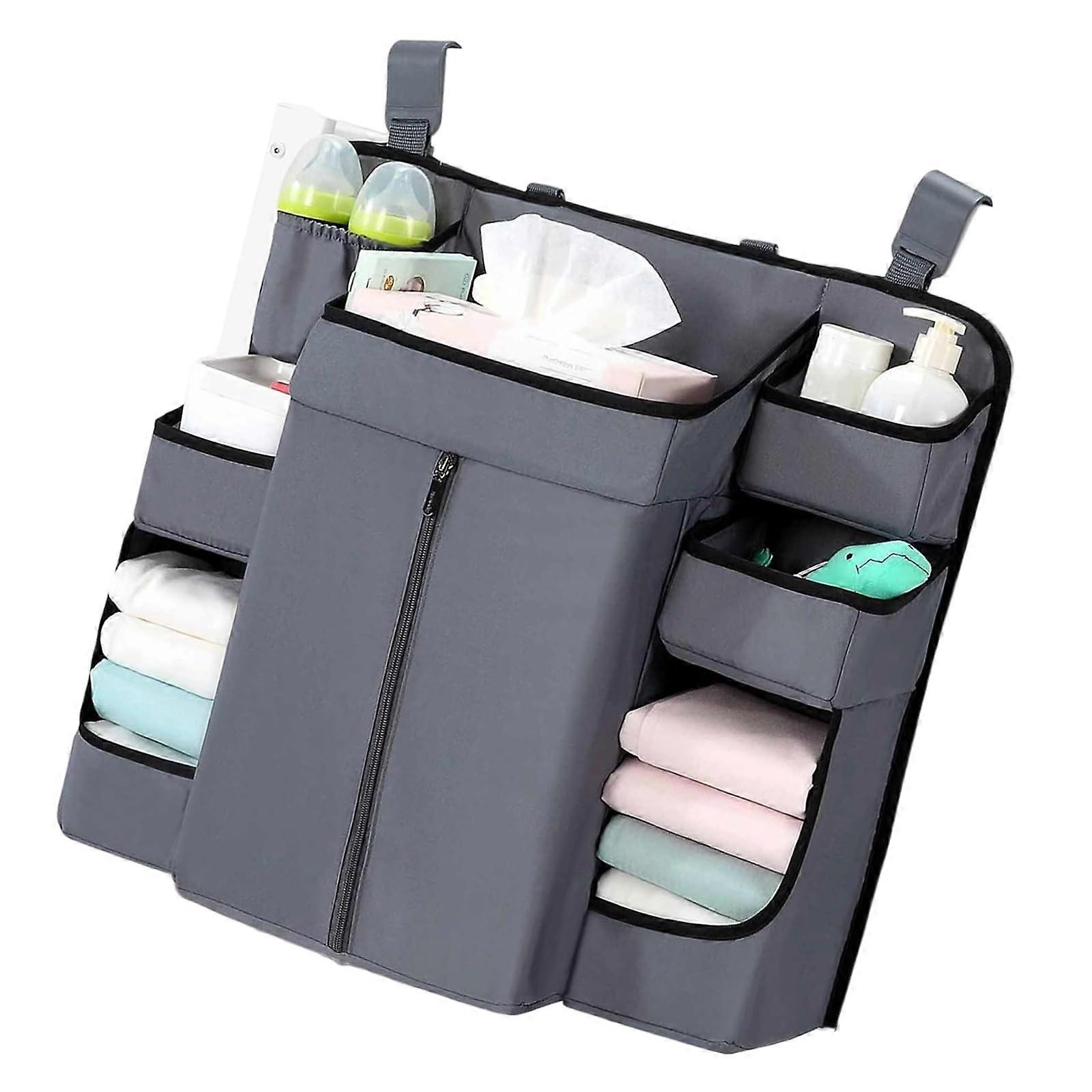 Multilayer Nursery Storage Bag For Crib Soft Fabric Zippered Compartments Secure Straps Hanging Diaper Holders