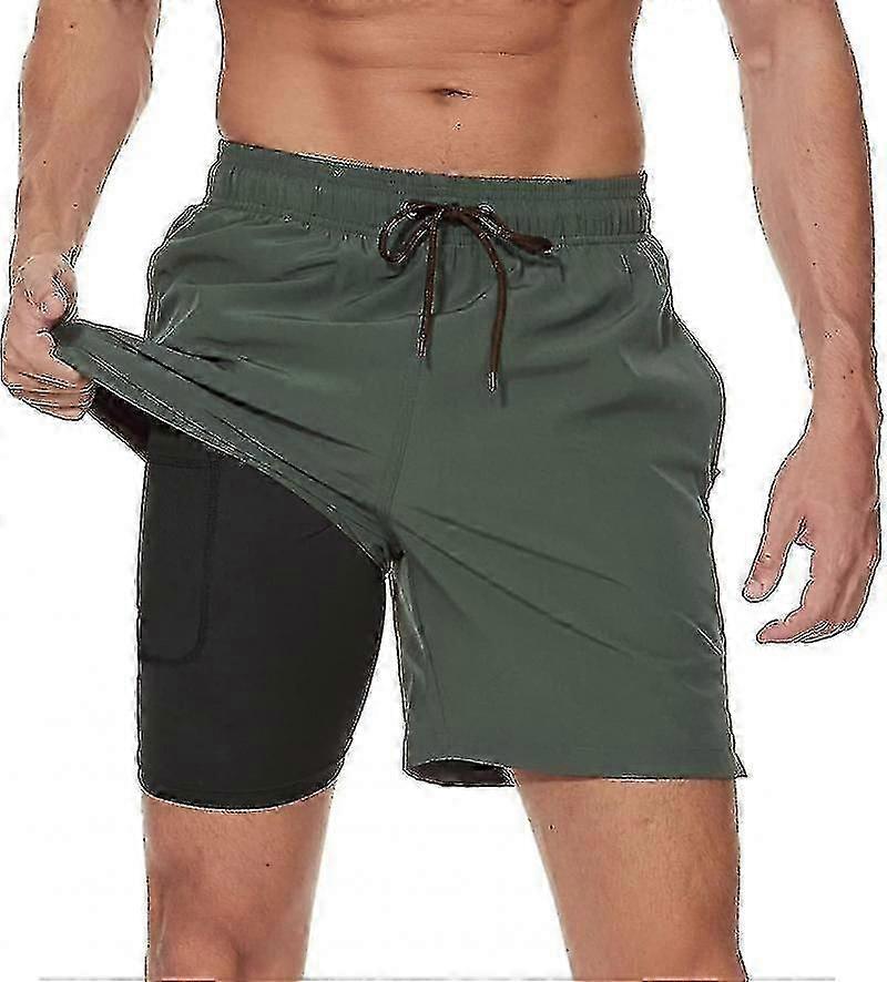 Men's Quick-Dry Swim Trunks with Compression Liner and Zipper Pockets