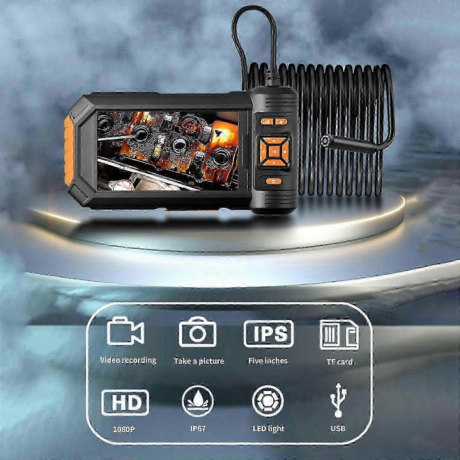 Endoscope Light, HD 1080P Borescope 5'' LCD Screen 8 Adjustable LED Lights Bracket, Single-Lens Inspection Camera with 16.4ft Rigid Cord, Black