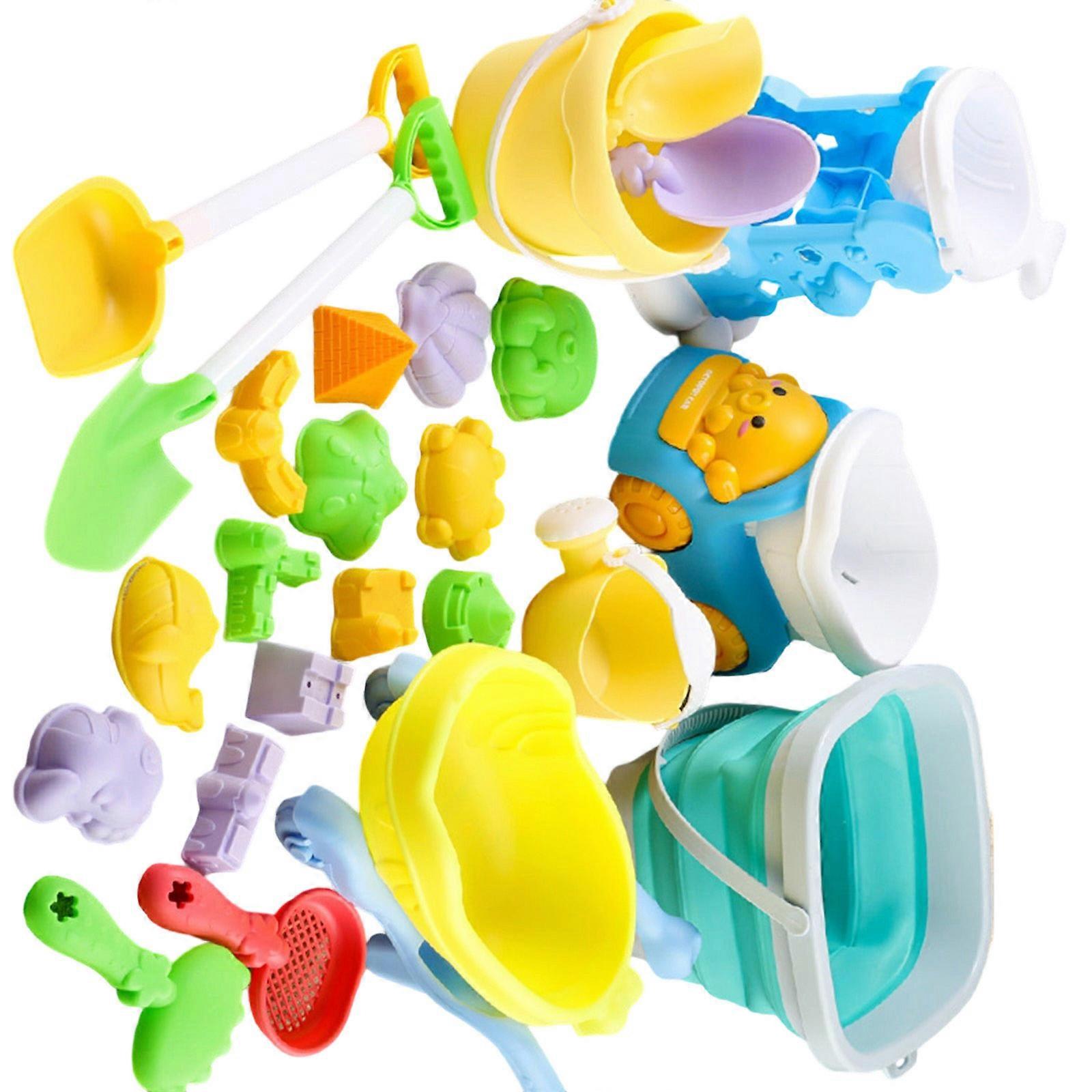 Multiuse Sand Toy Bundle 25PCS Sandplay Tools With Folding Bucket and Truck Roller For Travel And Playgrounds Beach Fun  Emerald green