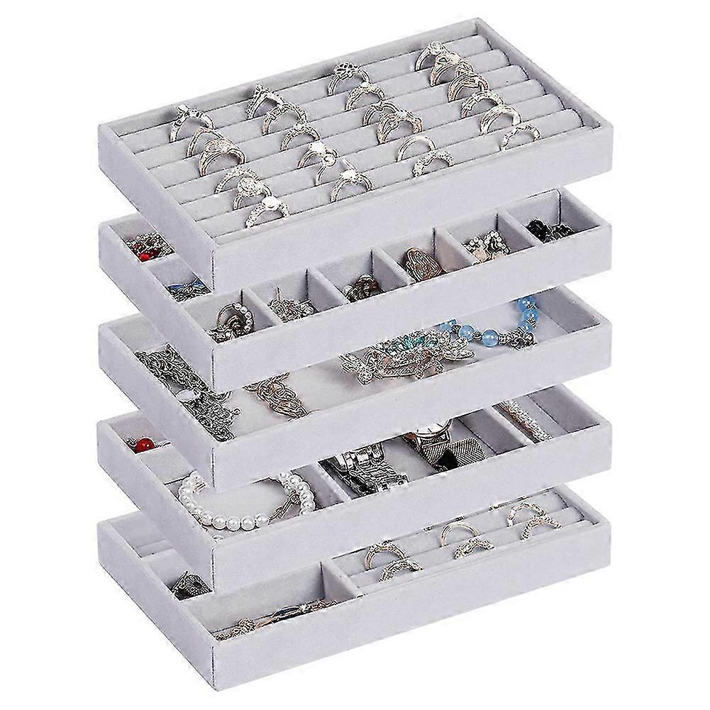 صينية منظم المجوهرات ، 5 قطع منظم مجوهرات مخملي قابل للتكديس للدرج ، عرض تخزين المجوهرات