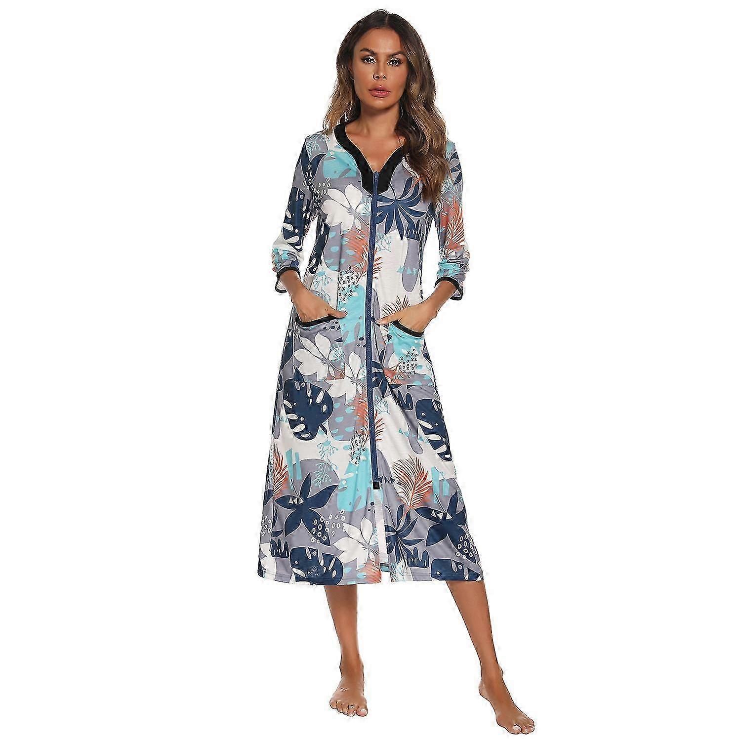 Peignoir imprimé à col en V pour femmes avec une longue longueur et un design zippé