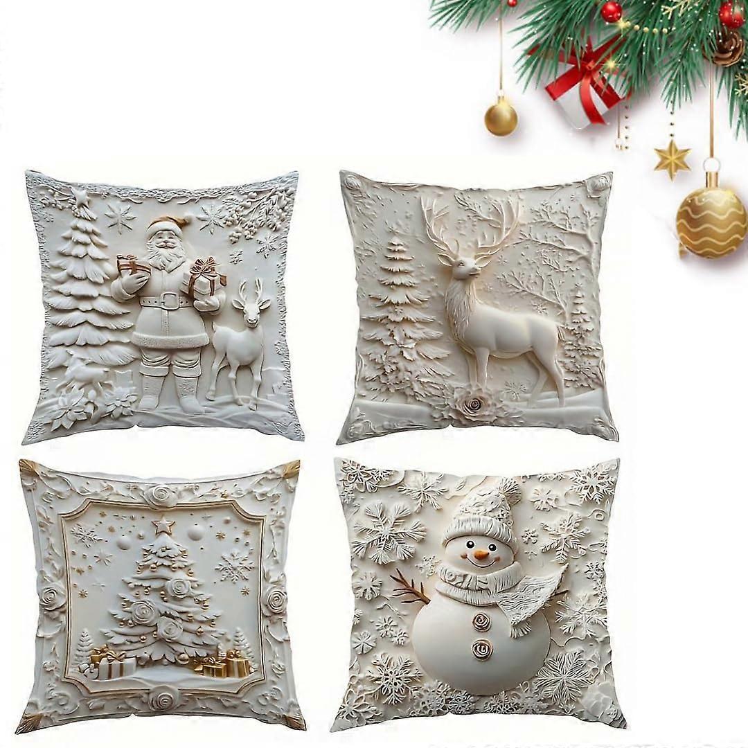 Christmas Pillow Covers Set of 4 with Santa and Snowman, Soft Plush Holiday Cushion Covers for Sofa Bed, White, Three Sizes