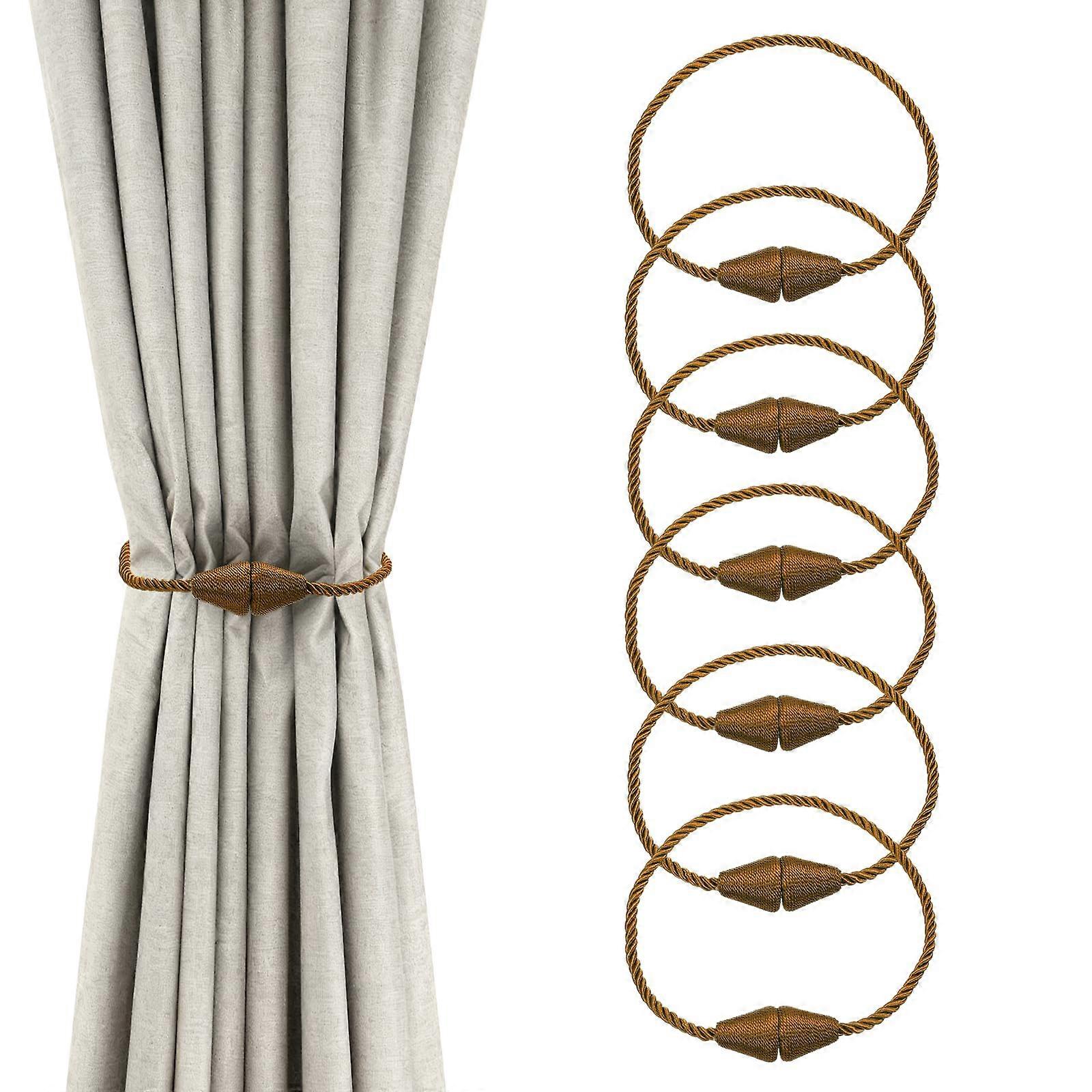 Brown Magnetic Curtain Tiebacks Set of 6 with Strong Magnet, Adjustable Length, Modern Weave Design