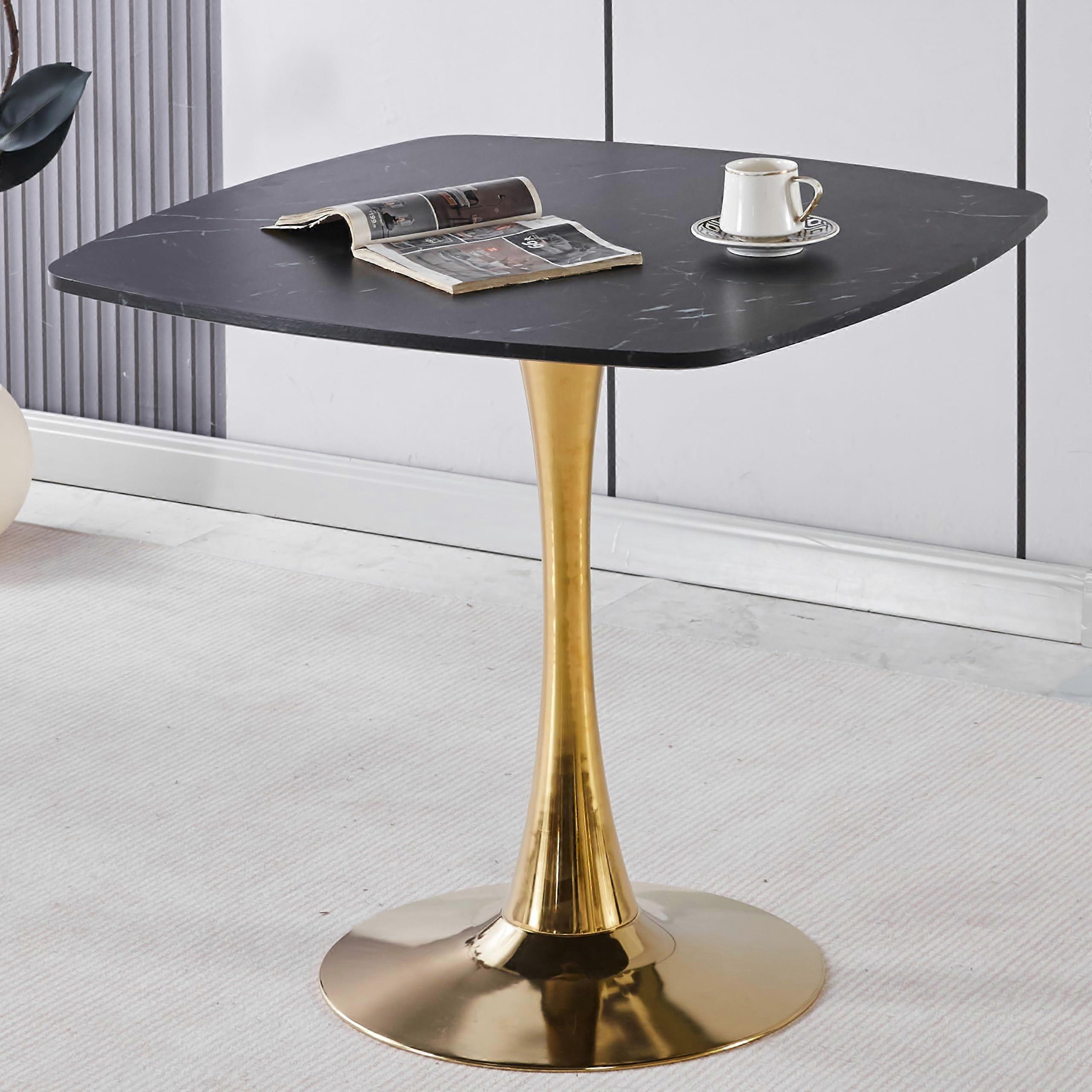 31.5 Inch Tulip Dining Table Modern Square Design Gold Base Matte Black  for Small Spaces