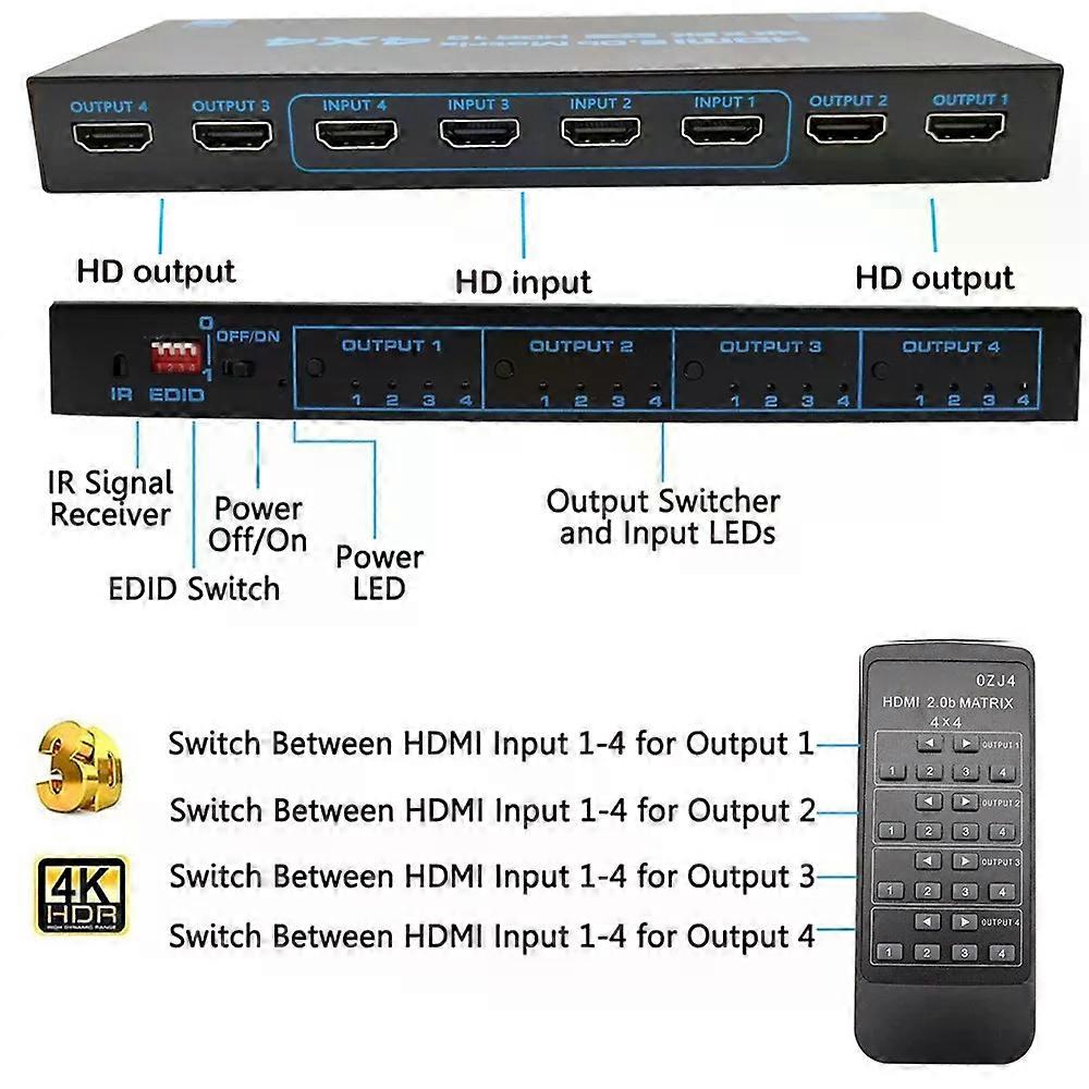 4x4 HDMI-compatible Matrix Switch 4K HDR HDTV-compatible Matrix Switcher Splitter 4 In 4 Out Box HDCP 2.2