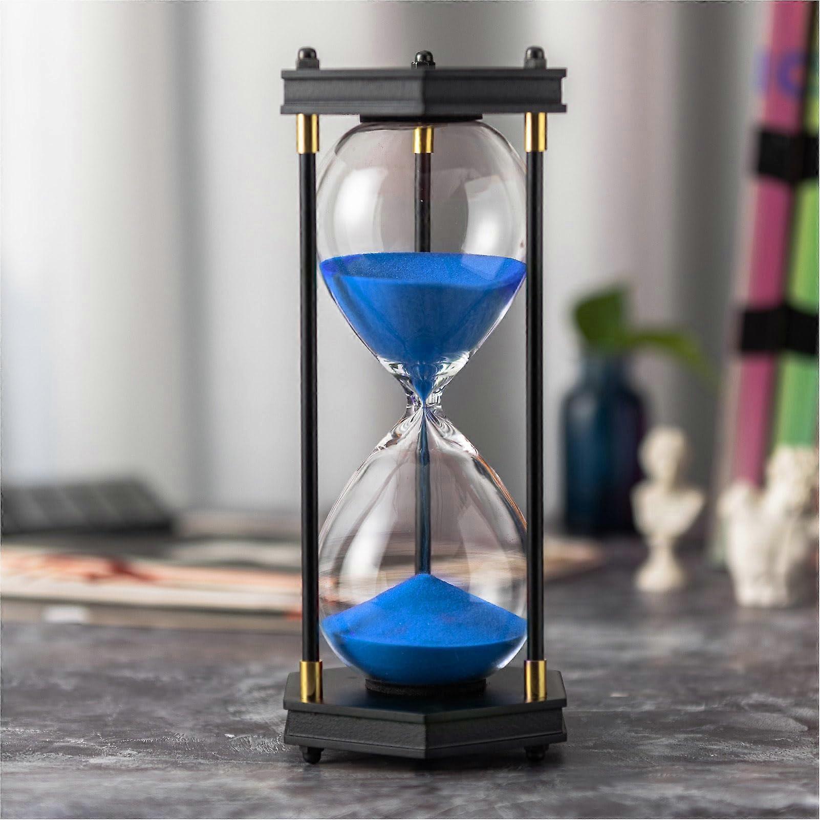 Hourglass Timer 60 Minute with Wooden Hexagon Frame, Large Decorative Blue Sand Timer