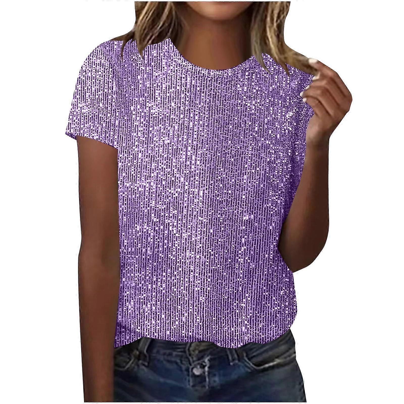 Tops Solid Color for Women Glitter Short Sleeve Shirts Trendy Fashion Crewneck Top Loose Fit Glitter Shirts  Lavender XL