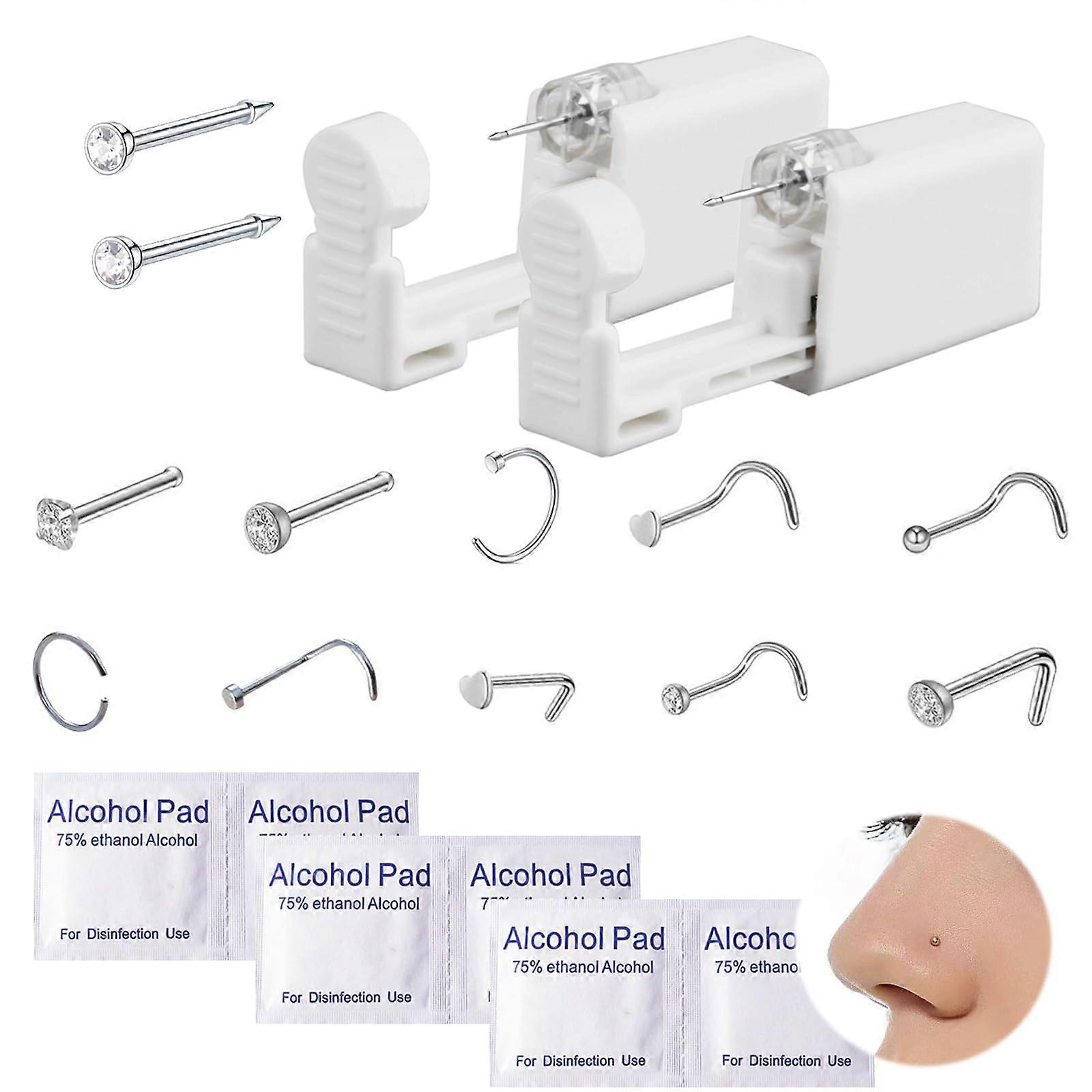 Nose Piercing Kit with Hypoallergenic Silver Studs, 2 Pack Self Nose Piercing Gun Set