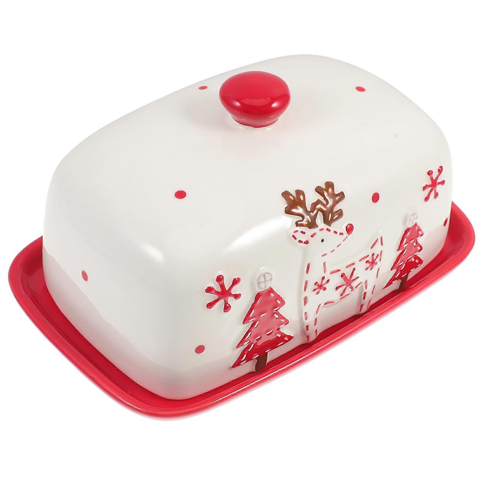 Christmas Ceramic Butter Dish with Lid, Sealed Design Countertop Kitchen Storage Container