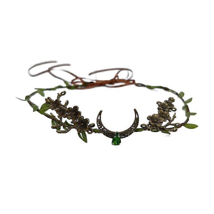 Emerald Headband with Elegant Moon Flower Design and Adjustable Ribbon Tie