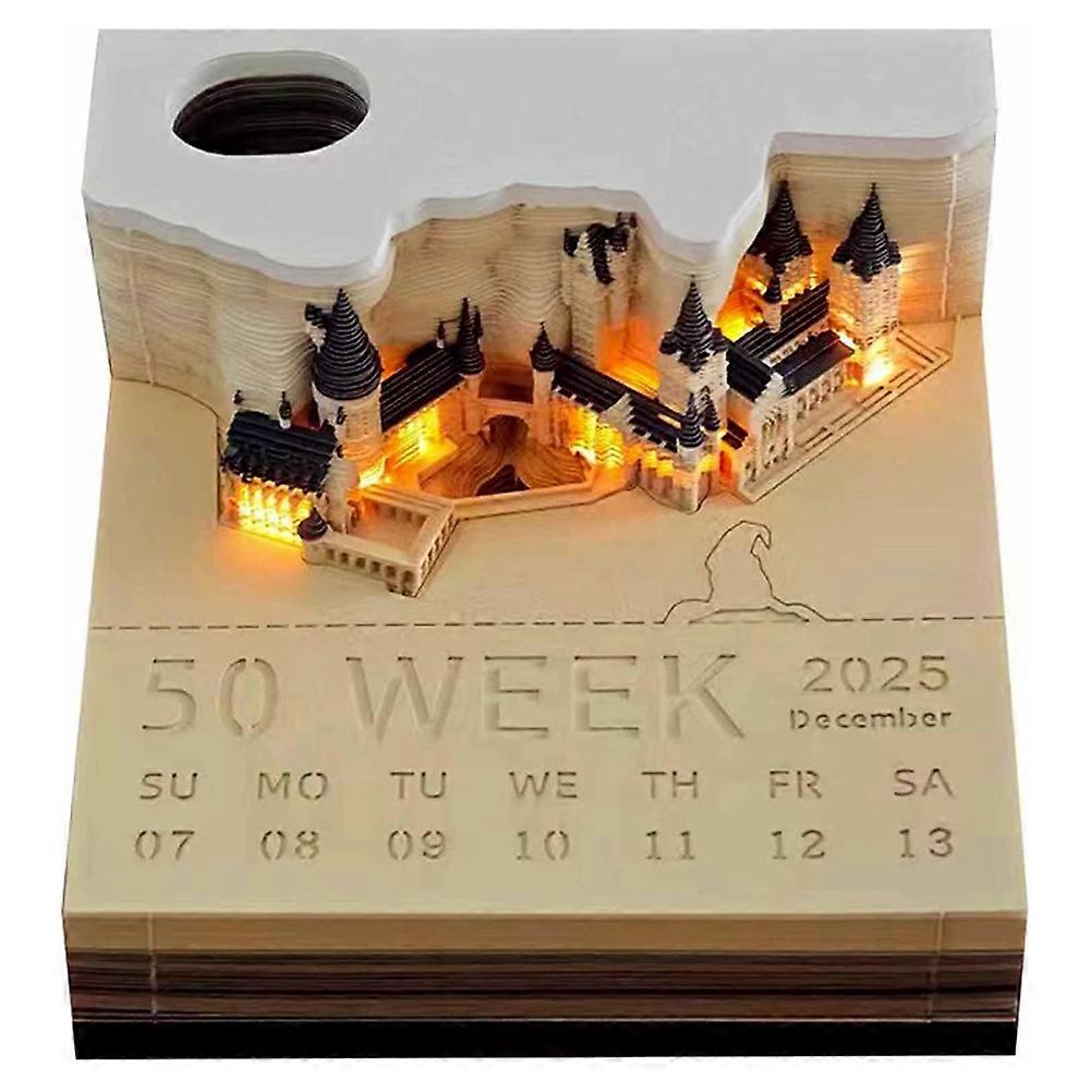 Tidsbitkalender, skrivbordskalender 2025 anteckningsblock, 3D magiskt slott tidsbit anteckningsblock med ljus