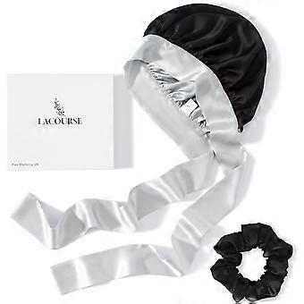 Anti-Slip 100% Real Mulberry Silk Bonnet with Silk Scrunchy for Sleeping Women, Large Double-Layered Silk Hair Wrap for Curly Hair (Black+Silver)