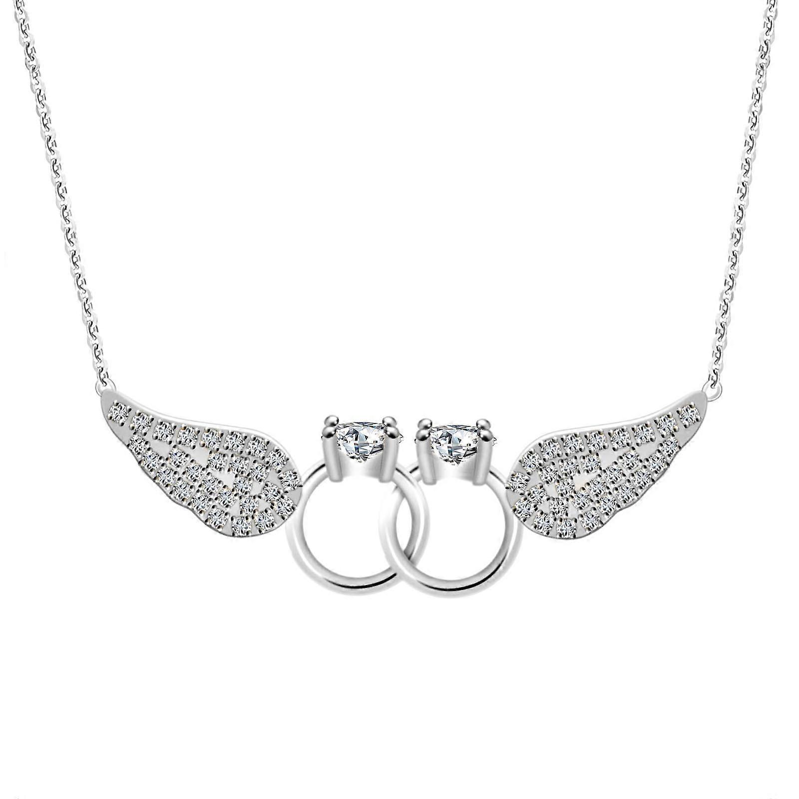 Silver Double Ring Wing Zircon Pendant Necklace