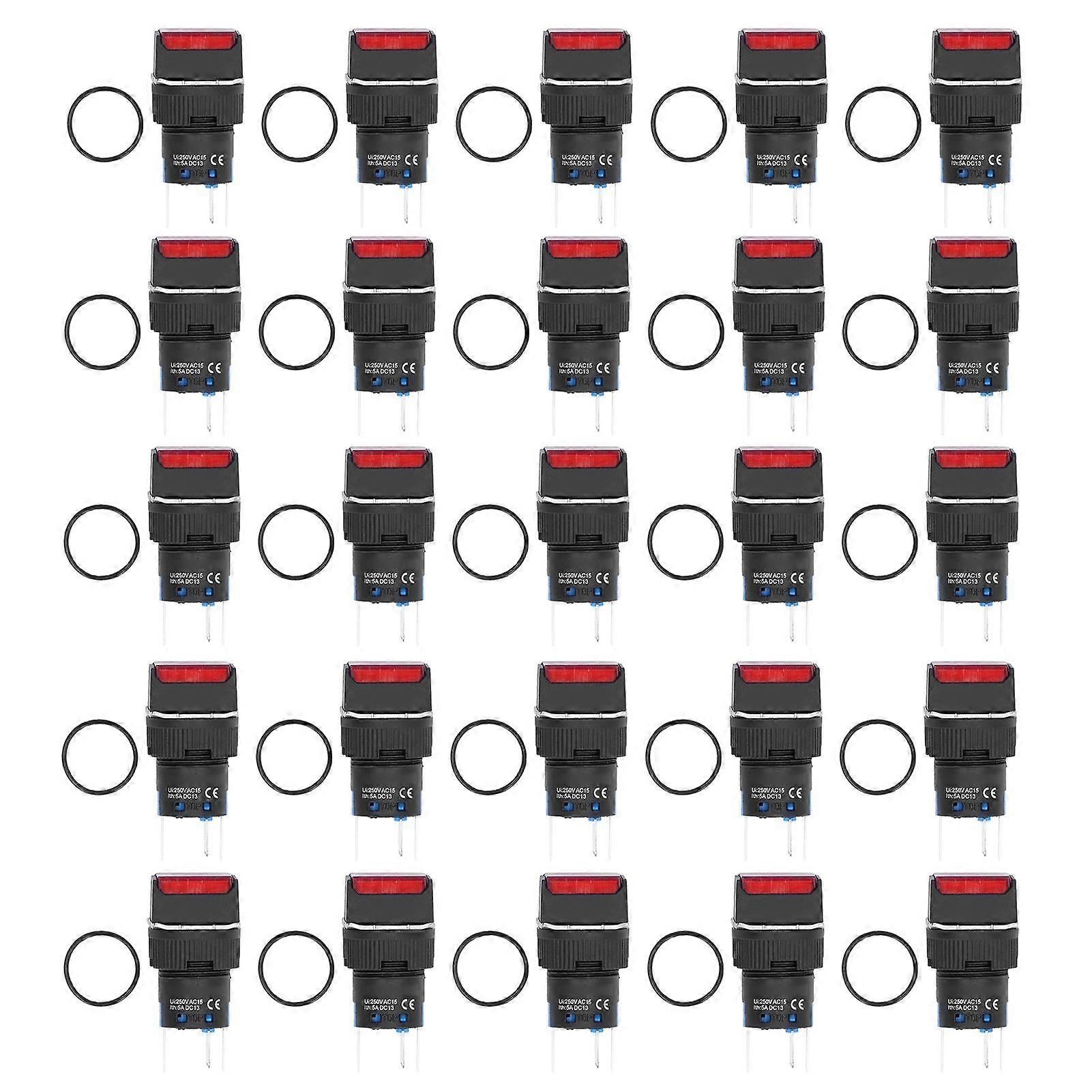 25PCS Small Button Switch Self Locking Square Power Push Switches With Light 16mm 24V 5ARed