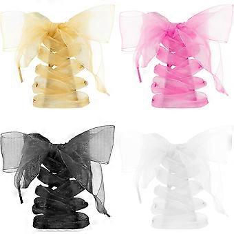 4 pares de cadarços casuais de fita, planos, em fio de neve, macios, de organza e cetim, para mulheres, nas cores branco, preto, rosa e amarelo.