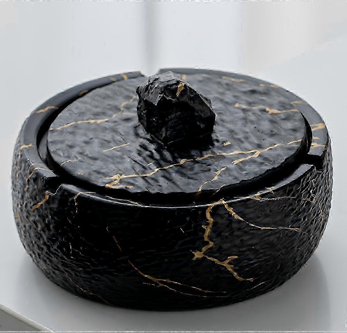 Ceramic Ashtray with Lid, Windproof, Heavy Base, Water Transfer Pattern