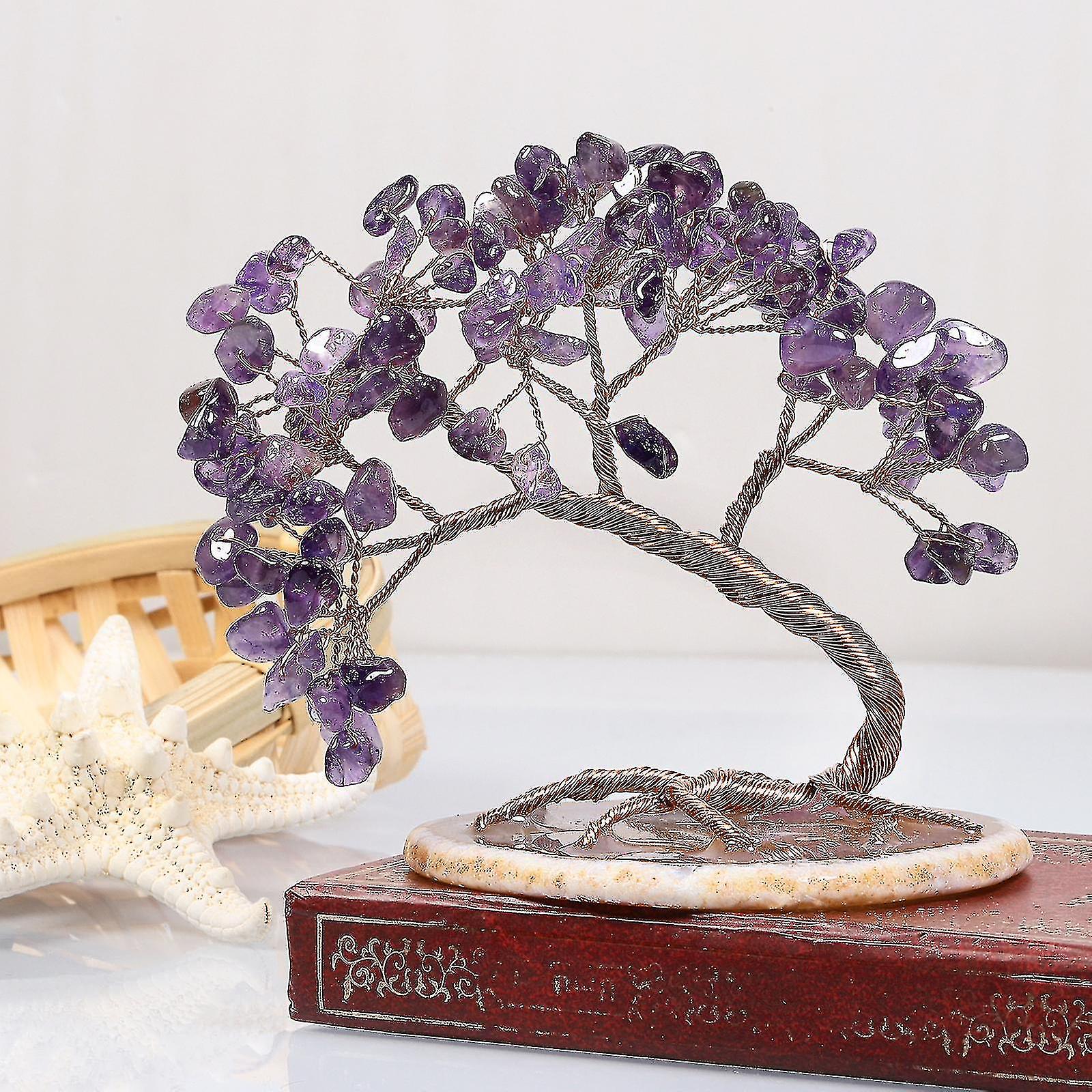 Handmade Colorized Crystal Money Tree For Good Luck Wealth Health, Figurine Bonsai On Natural Agate Slab