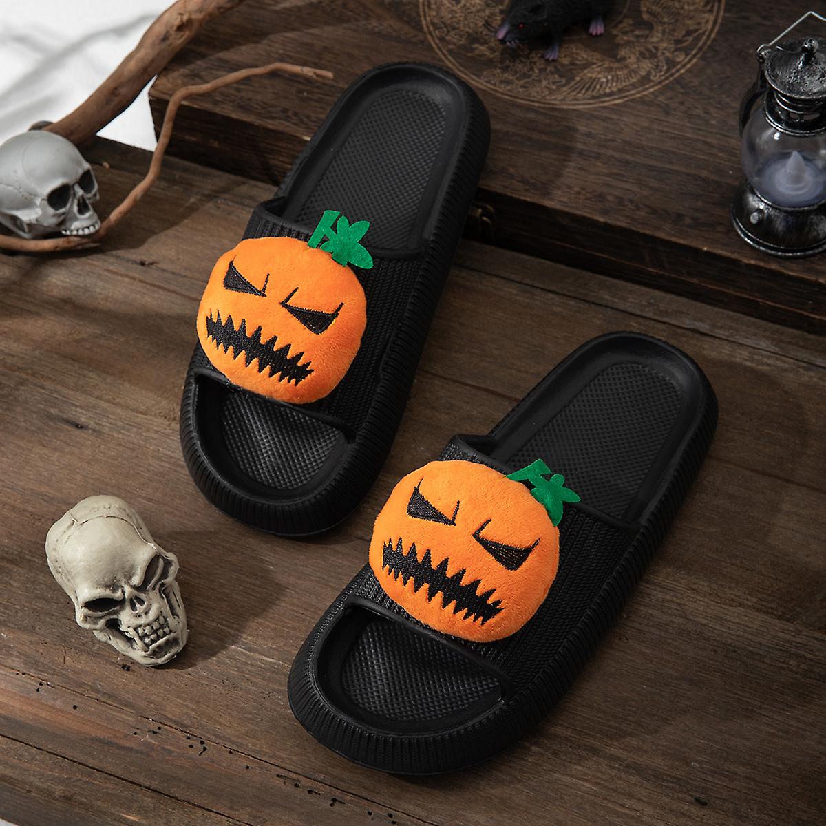 Kvinnor Mode Pumpa Ansikte Dekor Tofflor Casual Enfärgad Konstläder Kuddtofflor Trendiga Halloween Skor