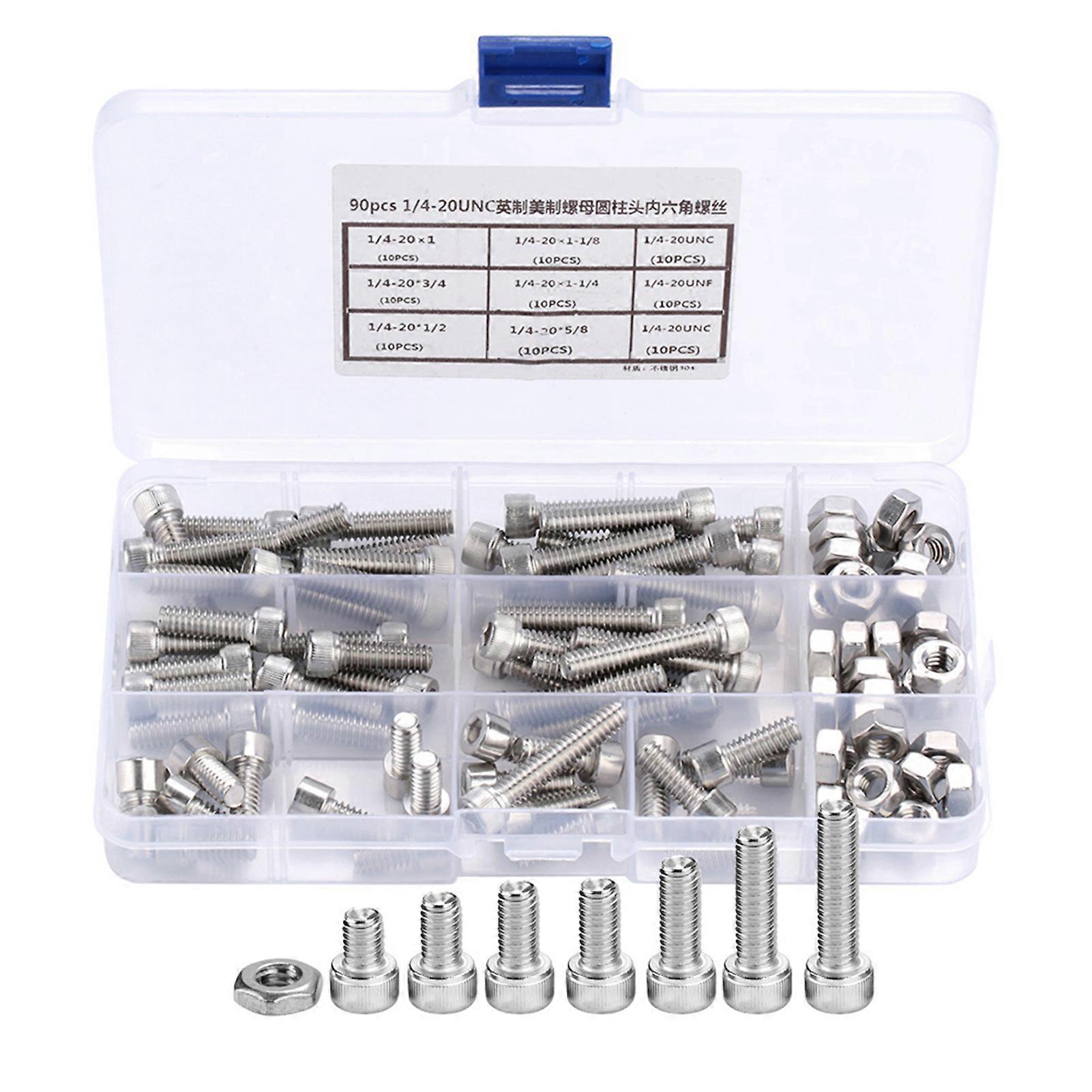 90pcs 1/4-20 UNC Stainless Steel Hex Socket Cap Head Bolts Kit