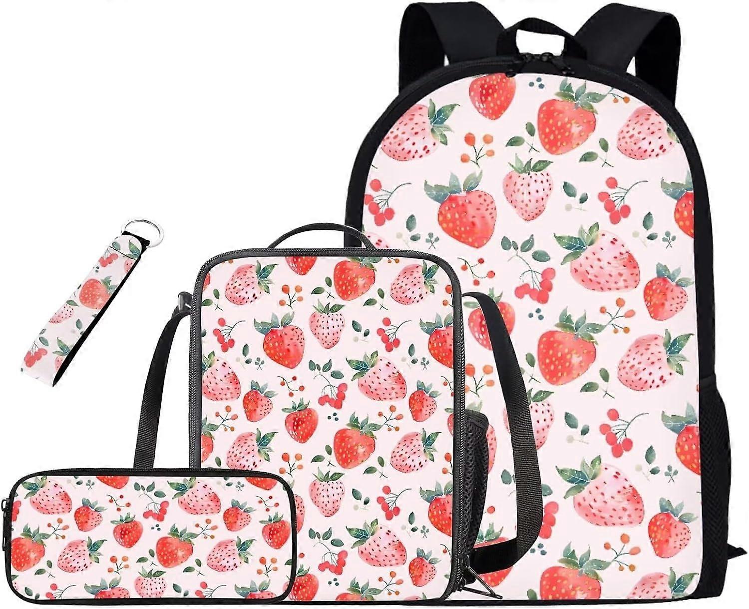 ストロベリープリント4ピーススクールバックパックセット、ランチボックスペンケースとキーホルダースクールバックパック女の子のためのキッズバックパック女の子のための女の子の子供のための子供エル