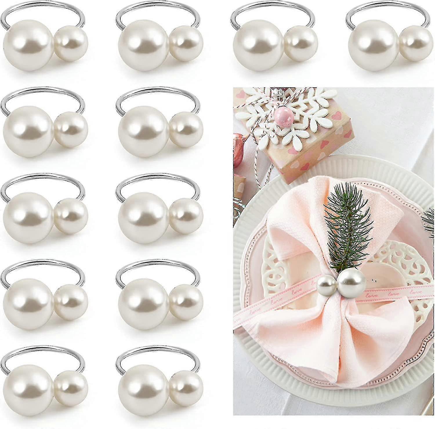 Pearl Napkin Rings Set Of 12, Silver Napkin Ring Holders For Formal Or Casual Gift