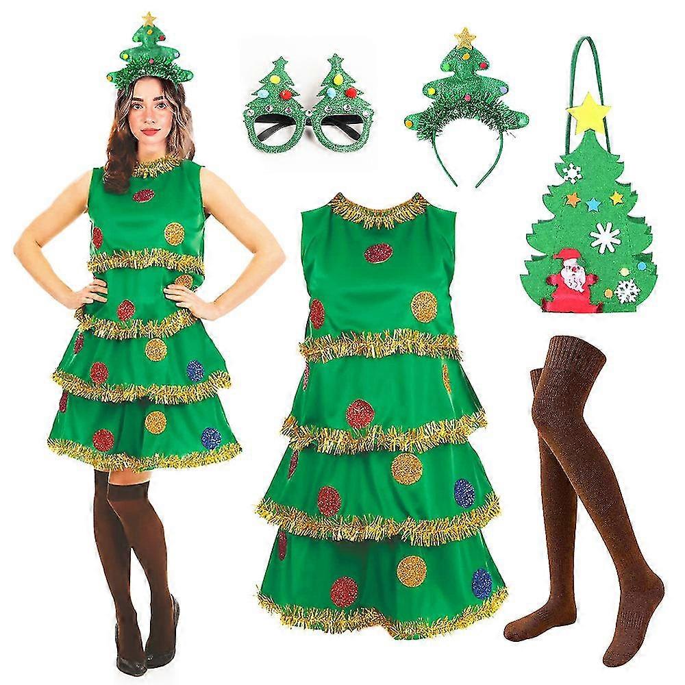 クリスマスツリーコスチューム5個女性クリスマスツリードレスバッグヘッドバンドメガネと靴下大人のためのコスプレ衣装
