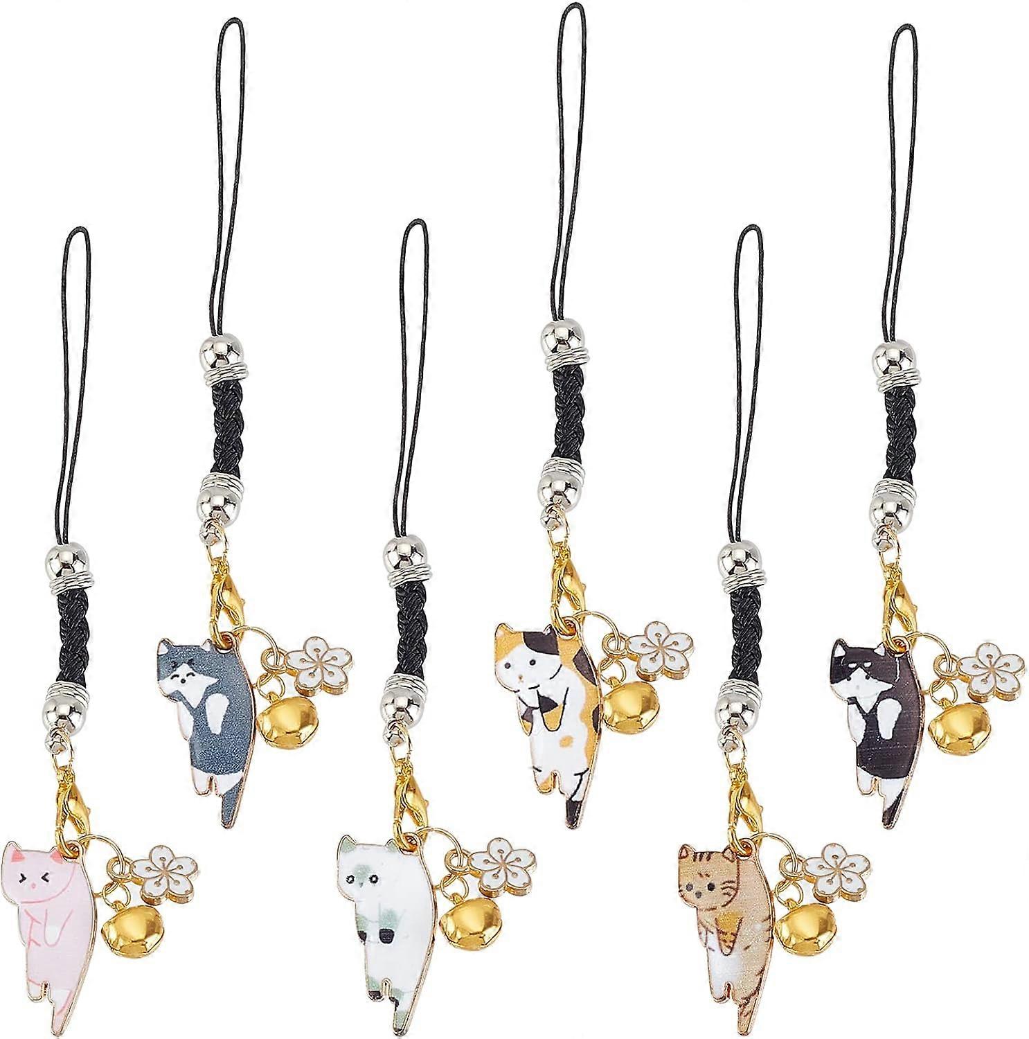 6Pcs JapaneseStyle Cat Phone Charm Alloy Lobster Claw Clasps Cat Charms Cellphone Strap Pendant with Zinc