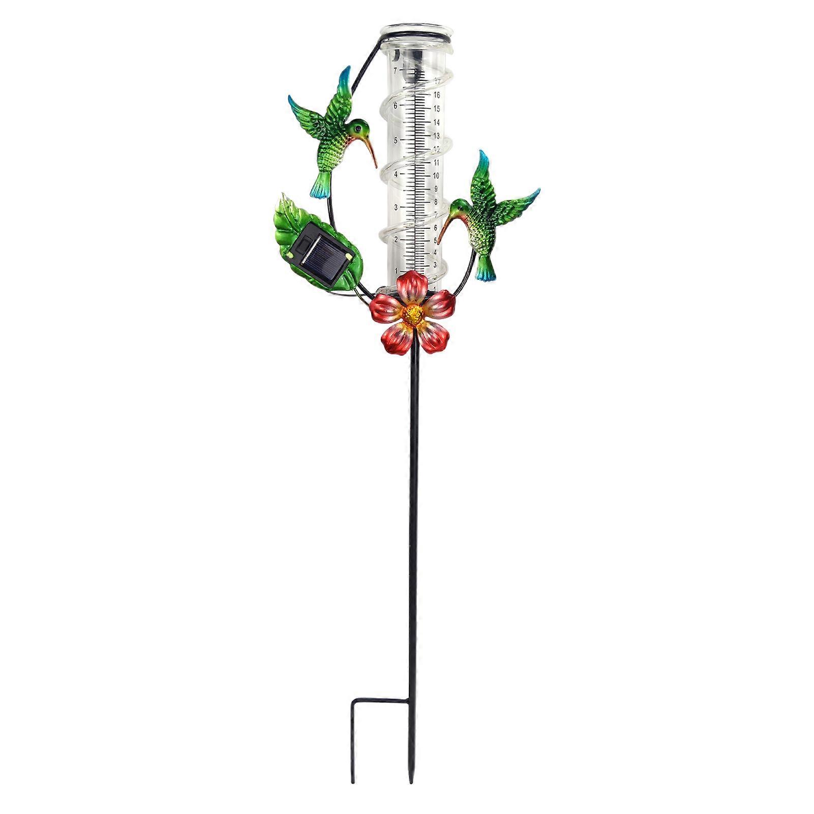 Hummingbird Rain Gauge with Glass Tube Rustproof Metal Frame Solar Rain Gauge with LED Lights Decorative Rain Water Gauge for Garden Yard Precipitatio