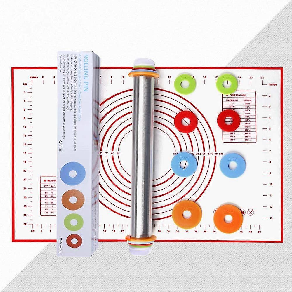 Adjustable Non-Stick Rolling Pins with Adjustable Discs and Measurement Marking + Silicone Baking Mat for Pastry Rolling Pie Dough(40 * 60CM)