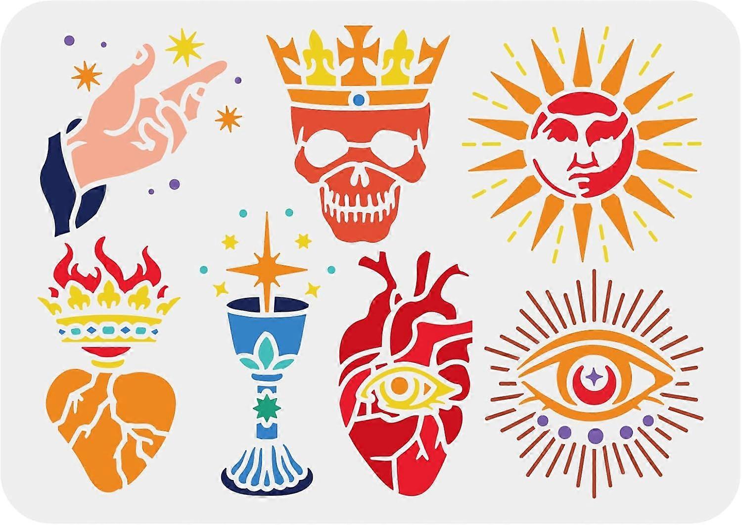 Alchemy Themed Stencil 11.7x8.3 inch Sun Evil Eyes Stencil Plastic 7 Styles Pattern Template Reusable Wine Glass Hand Skull Stencil for Diary Scrapboo