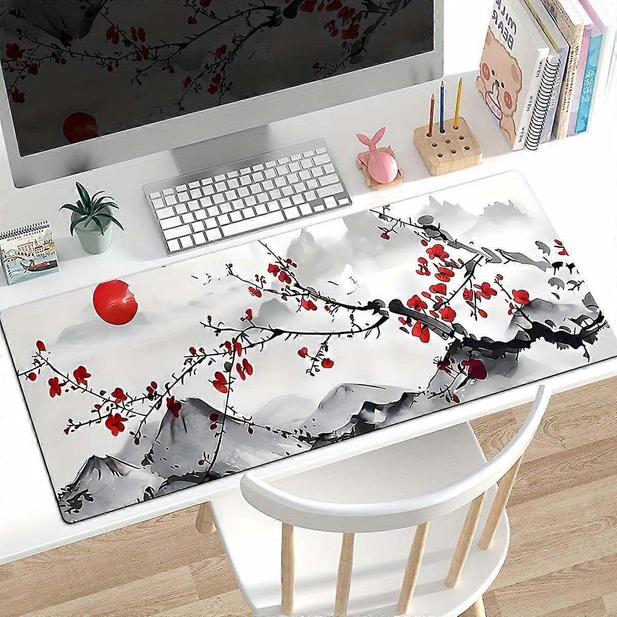 1pc Large Japanese Watercolor Cherry Blossom Sakura Gaming Mouse Pad with Non-Slip Rubber Base and Stitched Edges for Home Office and E-Sports