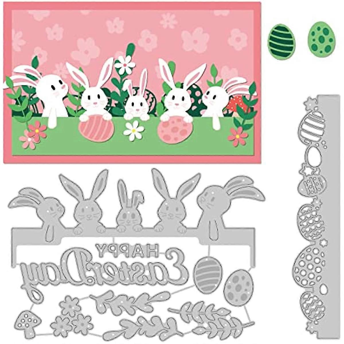 2Pcs Happy Easter Day Cutting Dies Stencils Rabbit Grass Egg Pattern Carbon Steel Stencil Templates