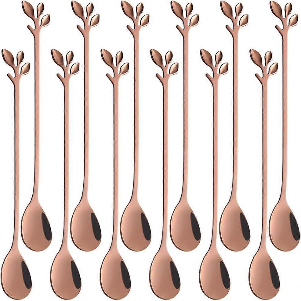 Langt håndtag isteskeer sæt, 12 stk 7,4" isske, kreativ sort blad cocktail røreskeer, premium fødevarekvalitet rustfrit stål, spejl 