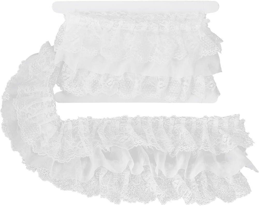 2 Yards 11cm Wide Ruffled Lace Ribbon 3-Layer Pleated Chiffon Lace Trim Floral Embroidered Gathered Edging Trimmings with 5.5cm Width Tulle Fabric for