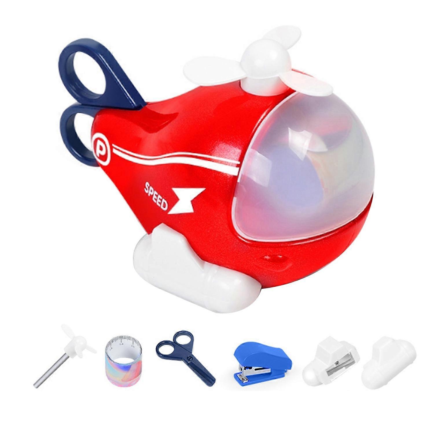 Cartoon Helicopter Toy with Pencil Ruler Scissors Sharpener Eraser Stapler 6-in-1 Kids Stationery