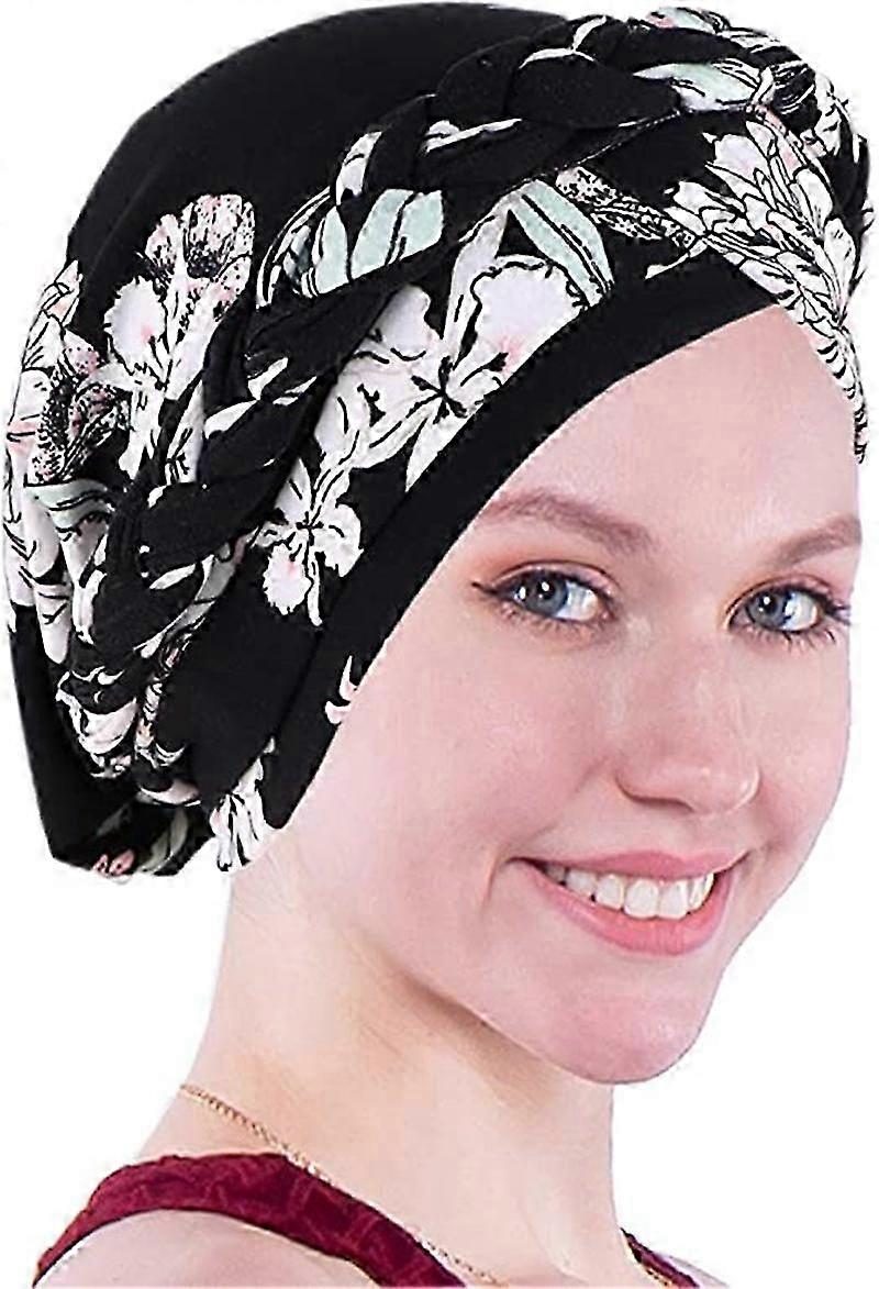 Süt İpek Baskılı Örgü Baş Kapak Saç Dökülmesi Kapüşonlu Şapka Bükülmüş Örgü Şapka (Siyah2)