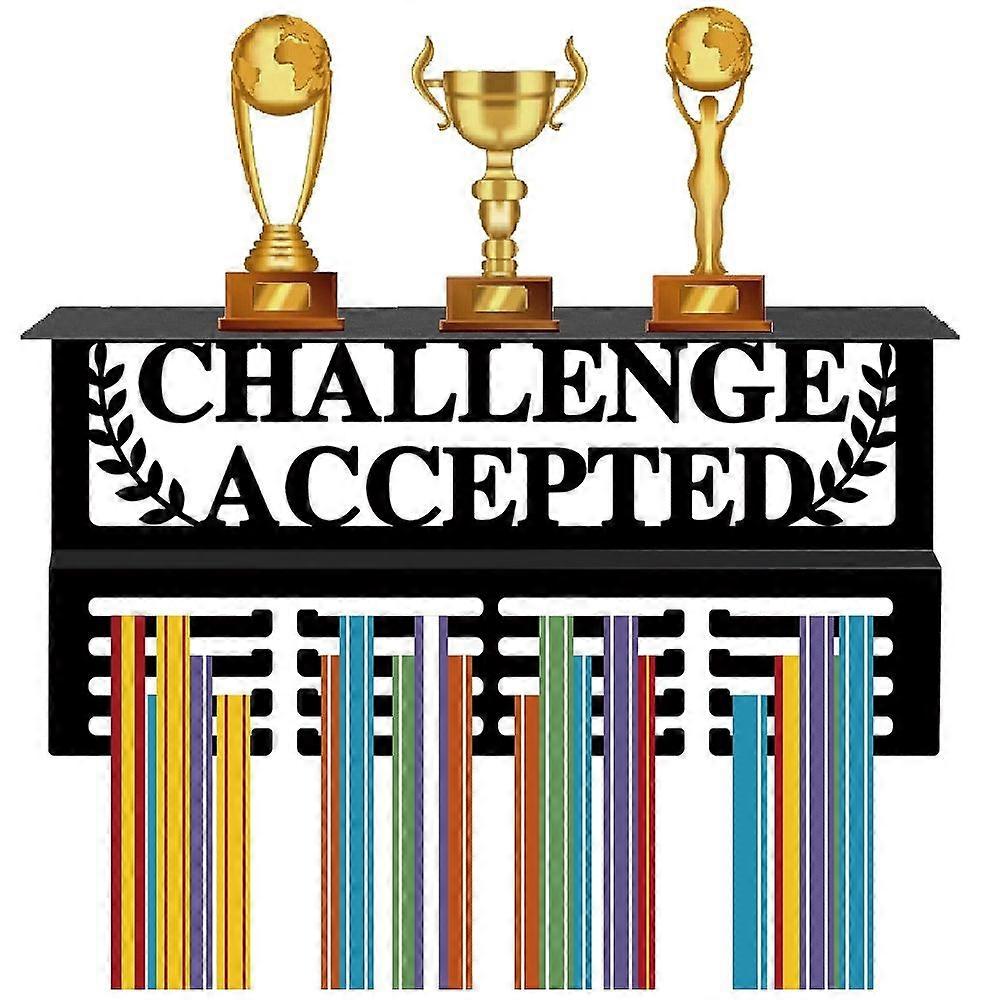 Medal Hanger Display Trophy Shelf Challenge Accepted Medal Holder with Shelf Stand Sports 4 Rows Metal Hanging Wall Mount Hold 70+ Medals for Competit