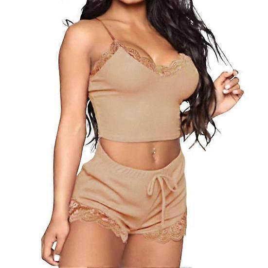 2 Pcs/Set Women Pajamas Set Lace V Neck Sleeveless Elastic Top Drastring Elastic High Waist Slim Fit Shorts Homewear Vest Shorts Set Summer