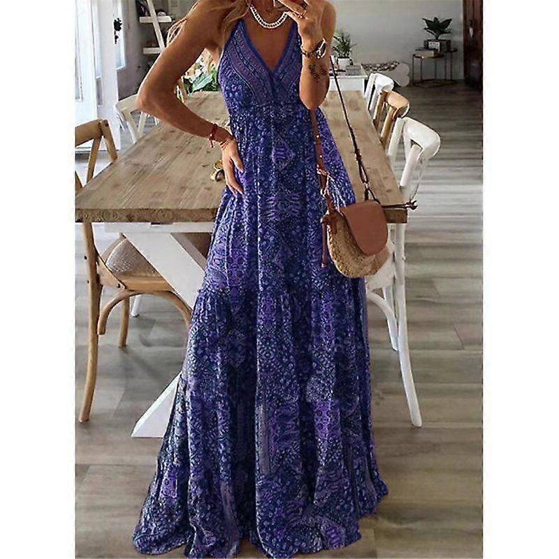 Women's Bohemian High Waist Strap V Neck Plus Size Printed Long Dress