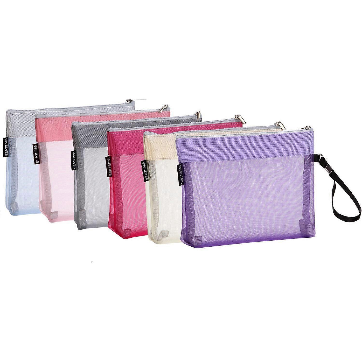 6-Piece Nylon Mesh Travel Toiletry Pouch Set with Zipper Closures for Cosmetic and Makeup Organization in Various Colors